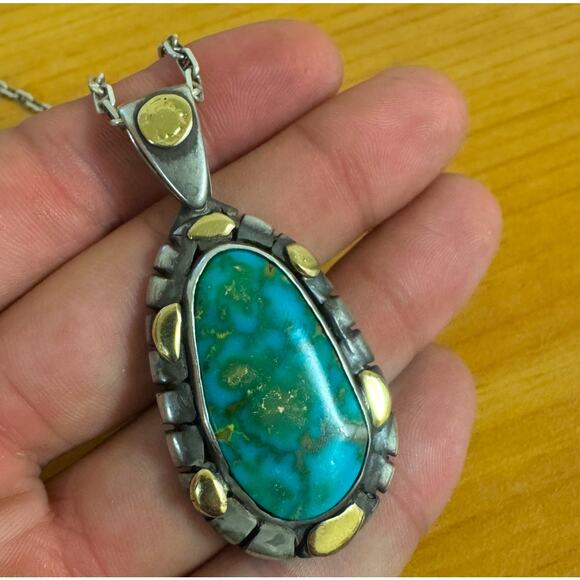 18k Gold & Sterling Silver Necklace Pendant Huge High Grade Kingman Turquoise - Picture 2 of 8